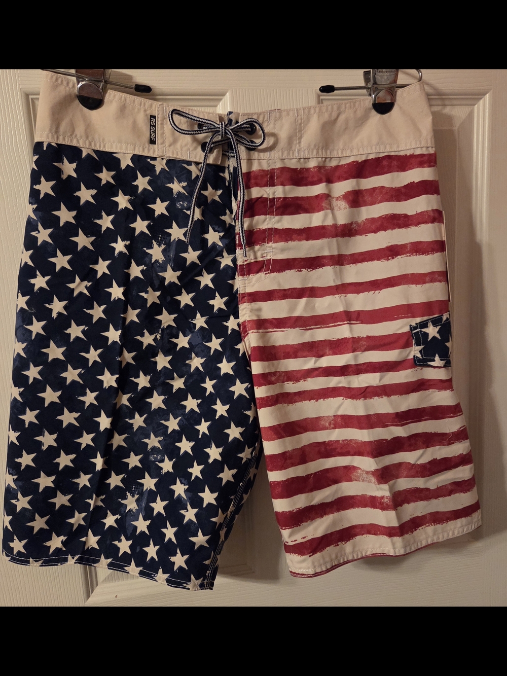 Men's American Flag Swim Board Shorts - Red & Blue. No Lining.